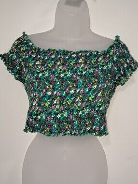 Divided H&M Women's Large Green Floral Smocked Ruffle Crop Top Blouse